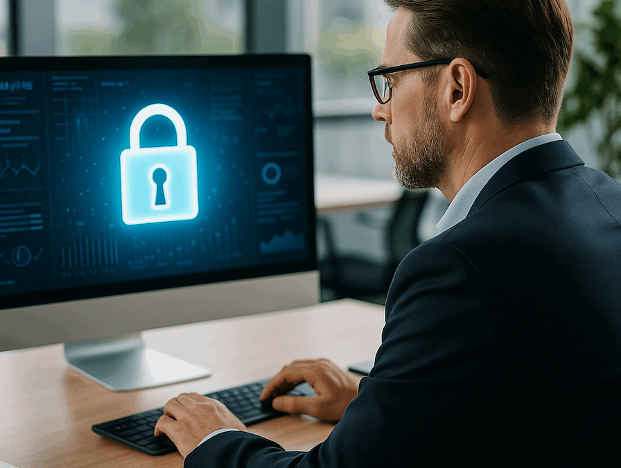 Företagare granskar datasäkerhet på dator med låssymbol på skärm